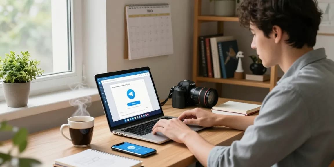 Using the Telegram web version on a laptop in a bright home office, showcasing productivity.