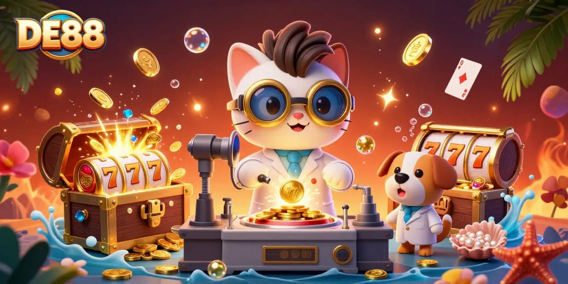 Join the fun of gaming at DE88 with cartoon characters creating winning moments in a vibrant, animated scene.