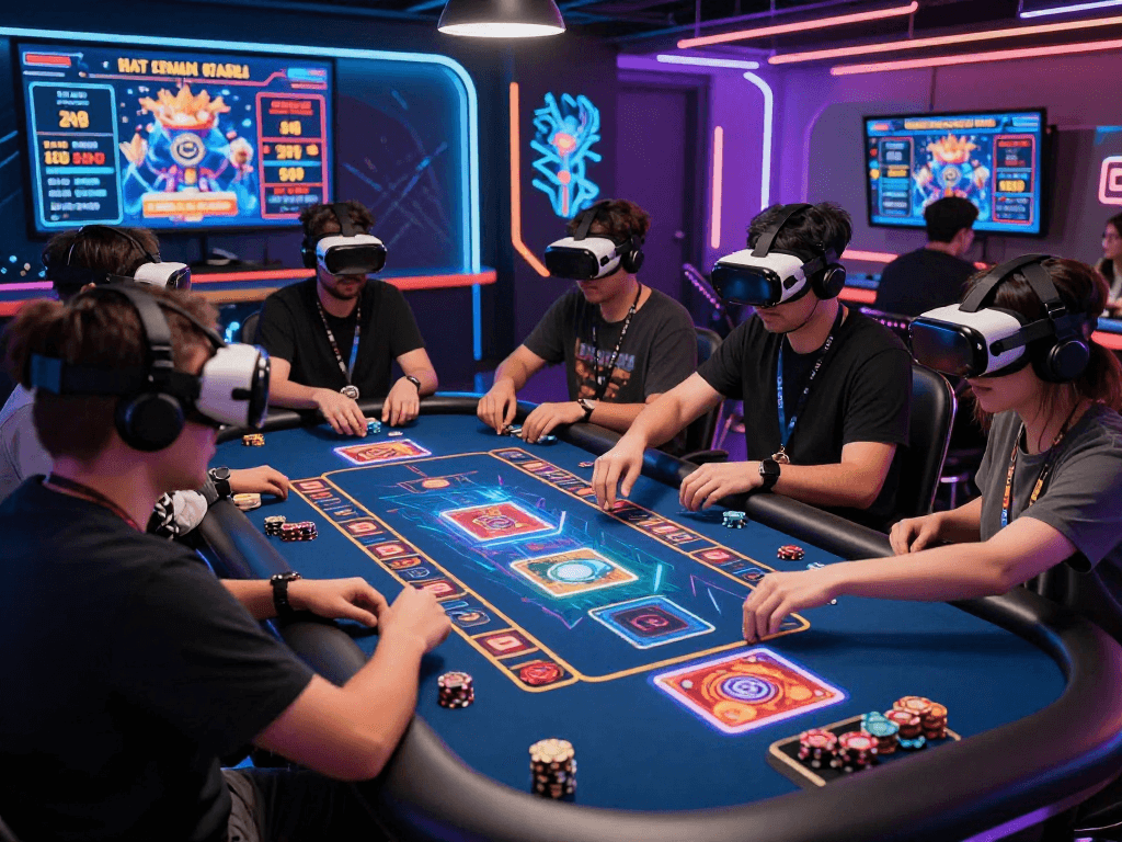Exciting crypto casino scene showcasing players engaged with holographic games in a vibrant digital environment.