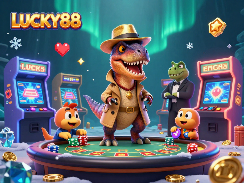 LUCKY88 velociraptor card counter interacts with a stegosaurus pit boss in a rich casino scene