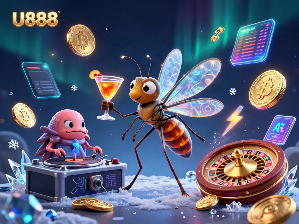 Experience exciting gaming with U888’s animated mascot and crypto-themed elements in a vibrant casino scene.