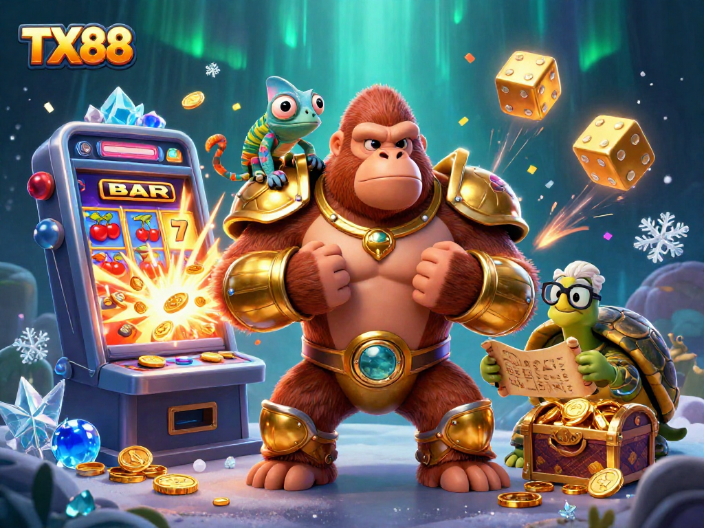 TX88 unleashes excitement with a powerful gorilla king and vibrant gaming elements in this dynamic casino scene.