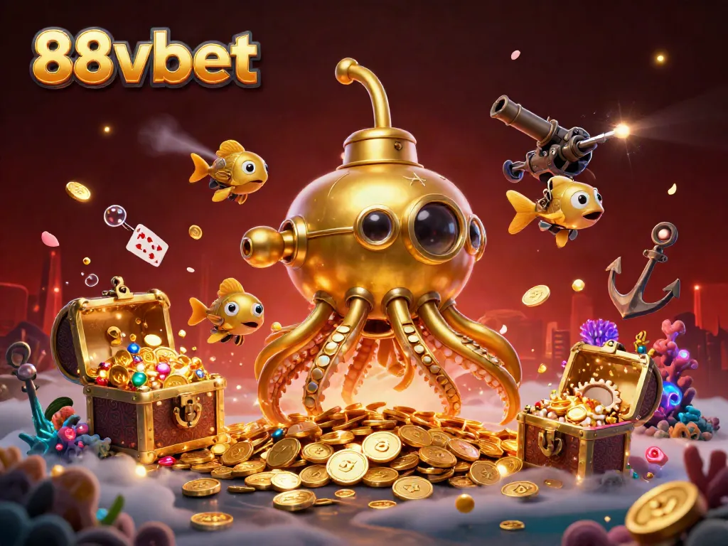 Win big at 88vbet with the golden kraken submarine surfacing through coins, showcasing exciting casino elements.