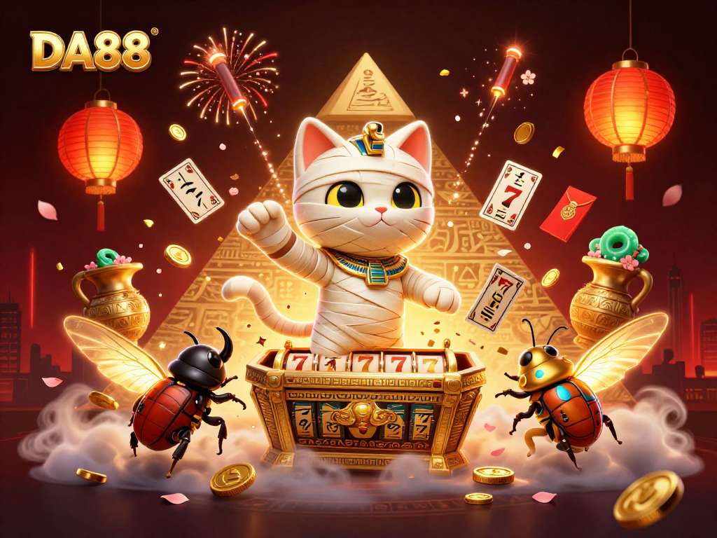 Engage in thrilling gameplay at DA88 with a cartoon mummy cat and a vibrant casino backdrop.