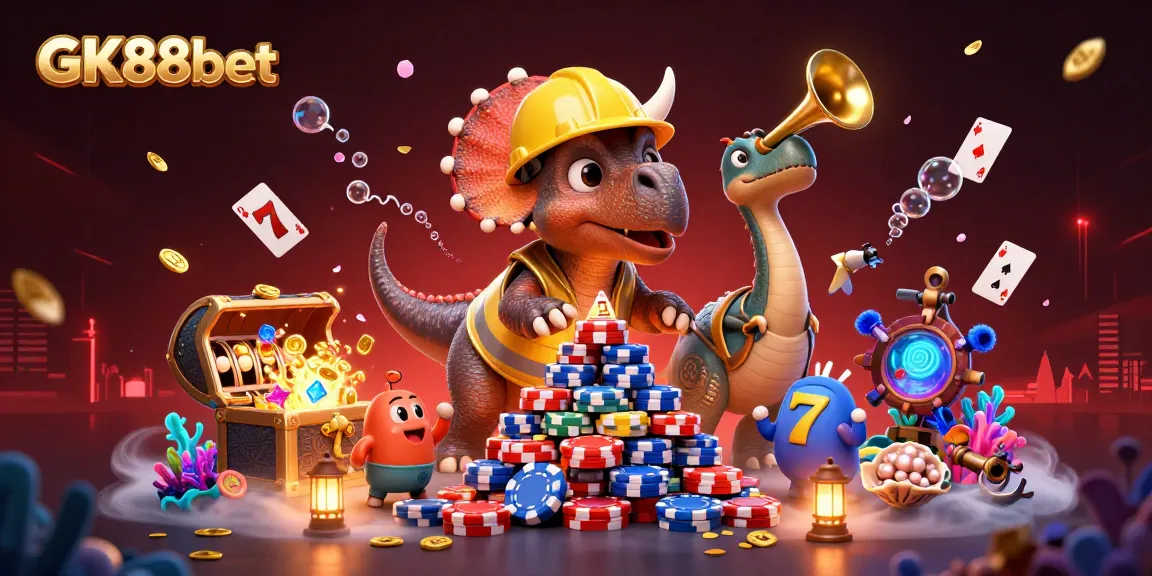 Engage in thrilling gaming with GK88bet, featuring vibrant characters building poker chip pyramids amidst casino-themed excitement.