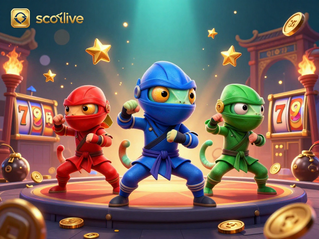 socolive gaming illustration featuring ninja chameleons with slot reels in a dynamic casino scene.