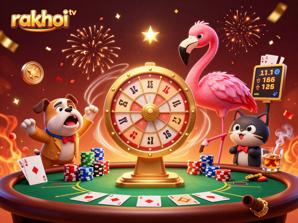 Engage with rakhoi tv's thrilling game show ambiance featuring casino excitement and vibrant characters.