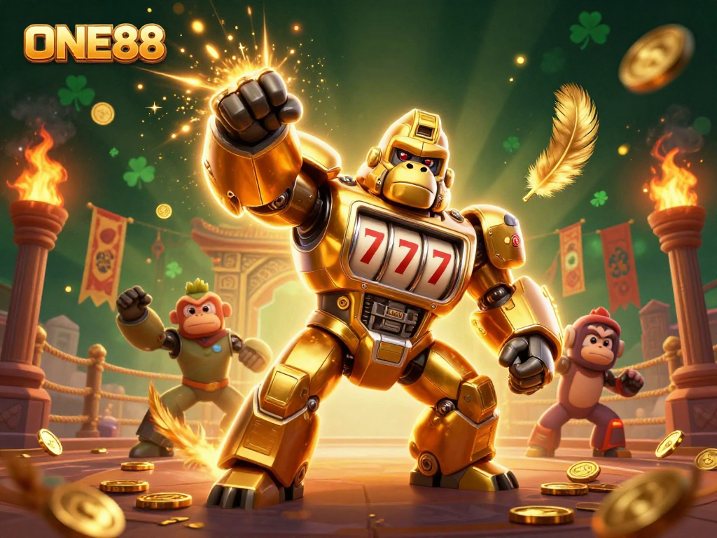 Experience thrilling gameplay at ONE88 with a striking golden gorilla mech amidst dynamic casino elements.