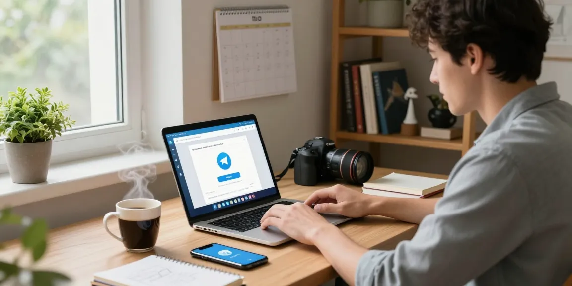Using the Telegram web version on a laptop in a bright home office, showcasing productivity.