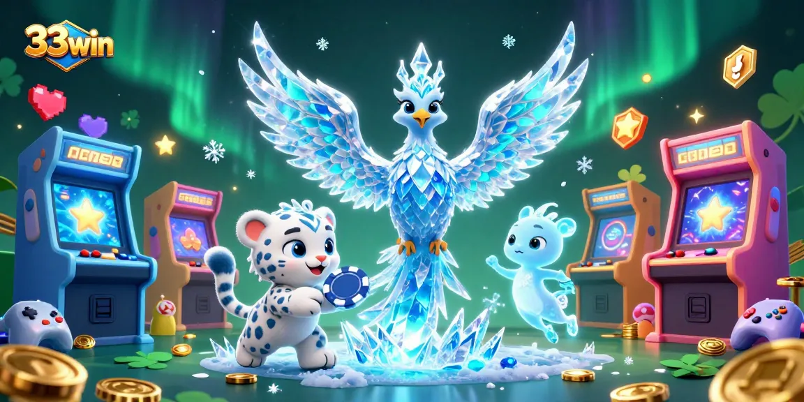 Experience the vibrant world of 33win with a dazzling ice phoenix and energetic gaming elements in a captivating scene.