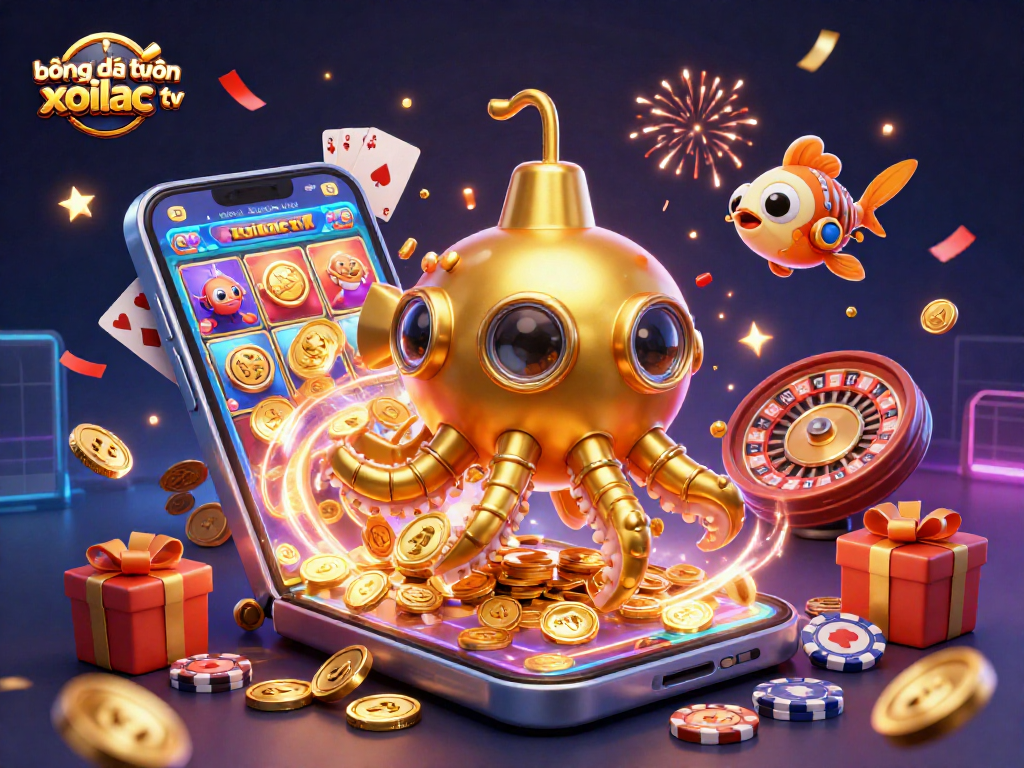 bóng đá trực tuyến xoilac tv showcases a vibrant 3D scene with a kraken submarine amid golden coins and dynamic gambling elements.