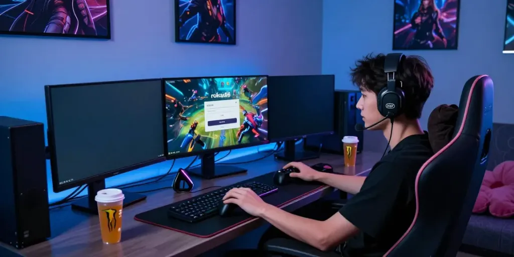 Engaging scene of a gamer focused on the rokok88 login platform, surrounded by gaming accessories and vibrant ambient lights.
