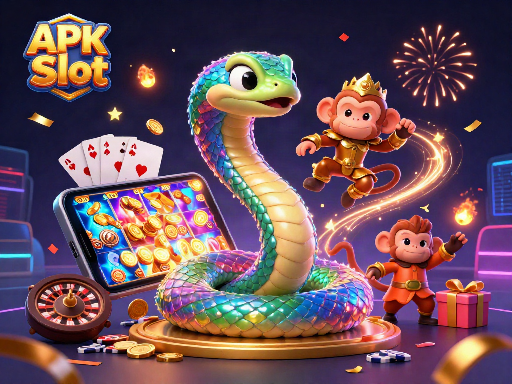 Win big with APK Slot in this colorful 3D illustration showcasing exciting casino game elements.