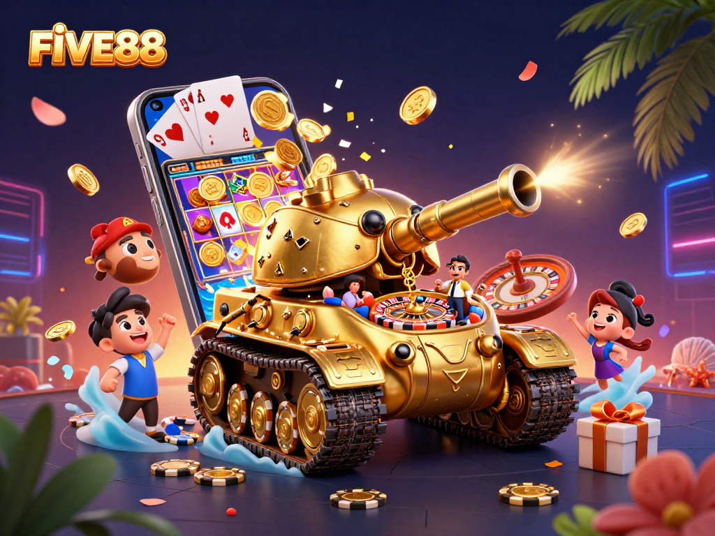 Experience excitement at FIVE88 with a vibrant casino scene featuring a golden beetle tank, smartphones, and festive gaming elements.