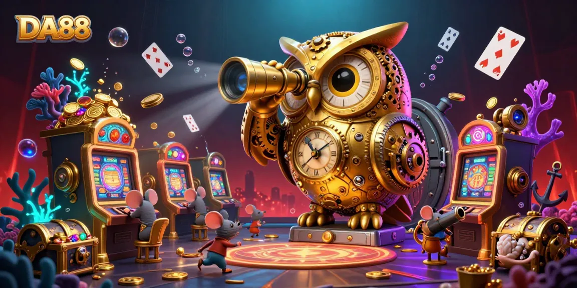 Experience the thrill of DA88's captivating casino scene with a majestic clockwork golden owl observing energized games.