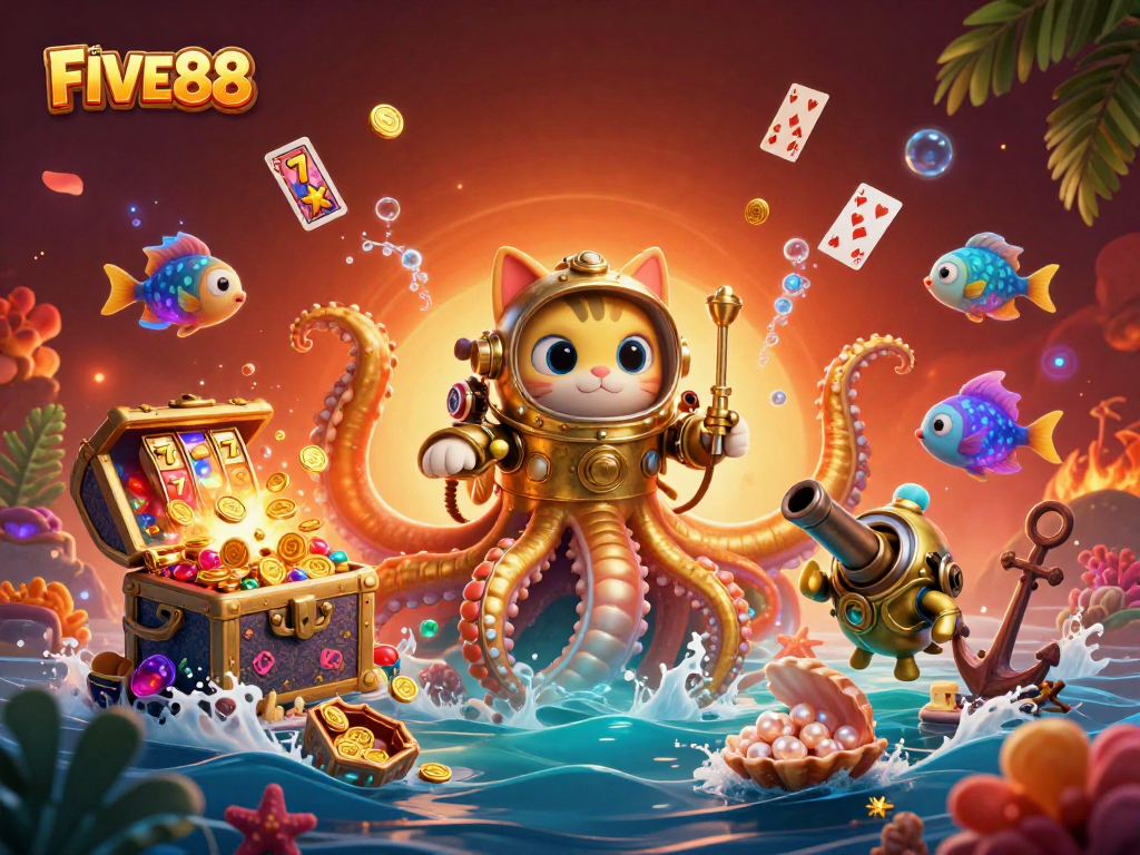Engage in thrilling jackpots with FIVE88 featuring a kraken and vibrant underwater treasures.