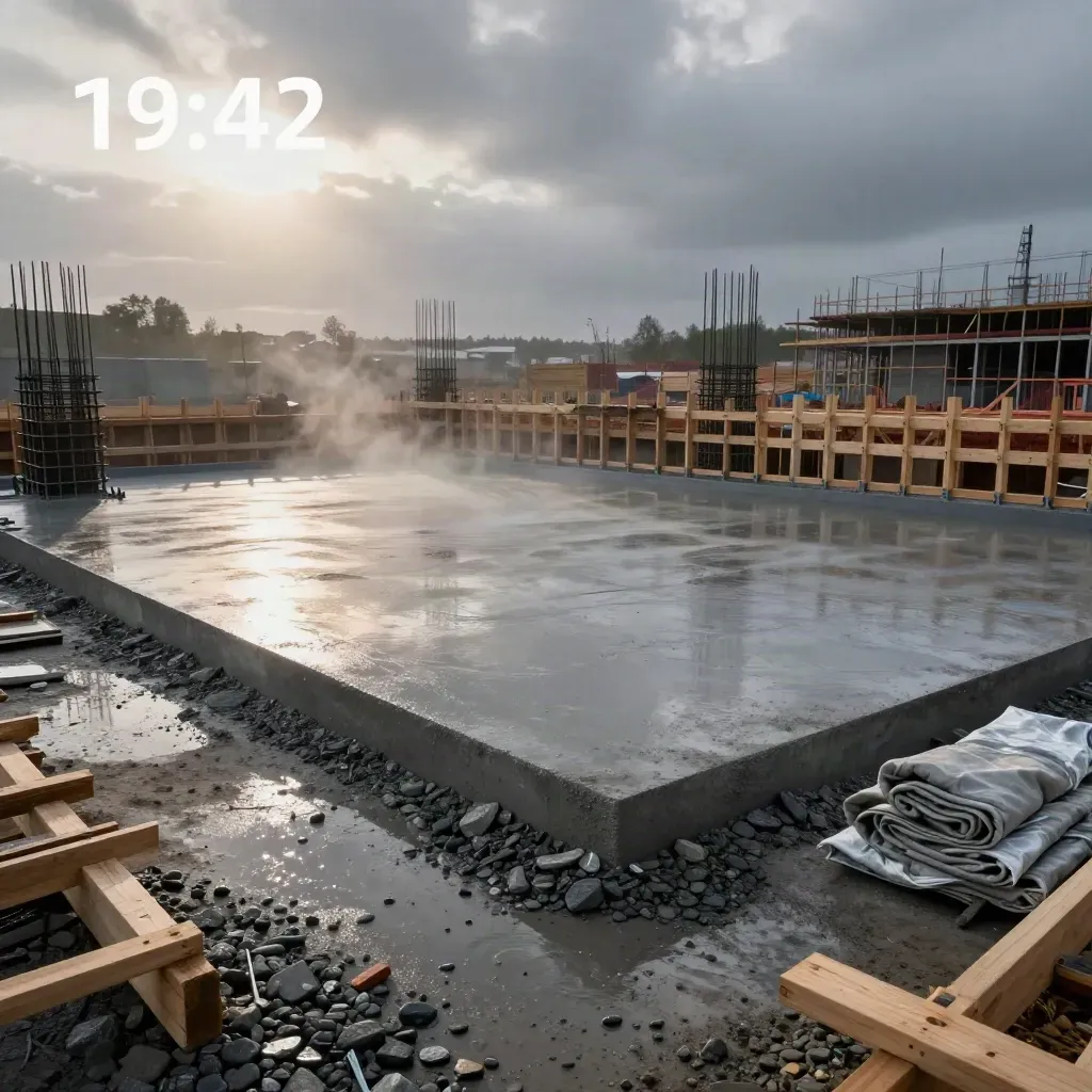 Nyslagen betongplatta med formsättning, armering och våt grusplan i kvällsljus.