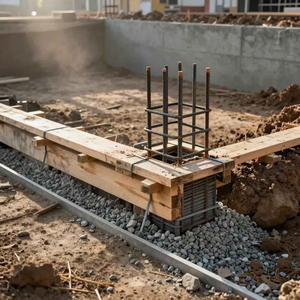 Grundplatta med träform, armering och grus i mjukt morgonljus.