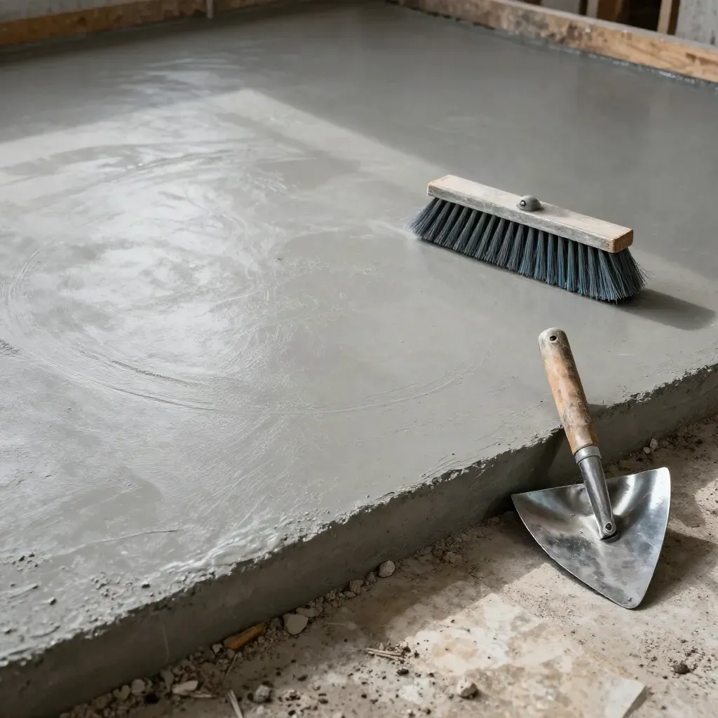 Bruten betongyta med trowelspår och en borste bredvid, dramatisk sidobelysning.