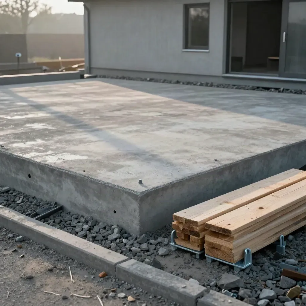 Färdig gjuten villagrund med formvirke och fuktig betong i Täby, morgondimma och grå gravel.