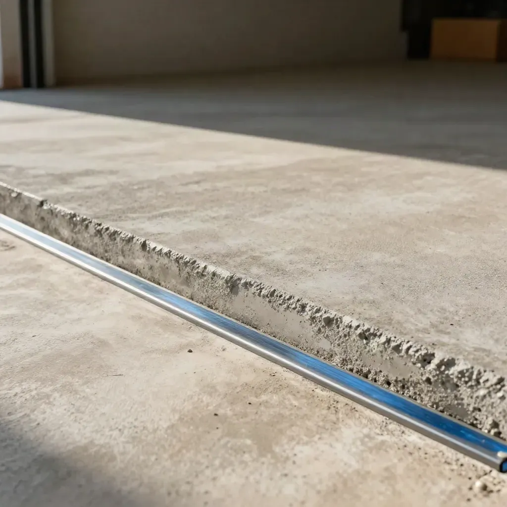 Färdig garageplatta med sopad yta, sågade kanter och svag lutning mot golvbrunnen.