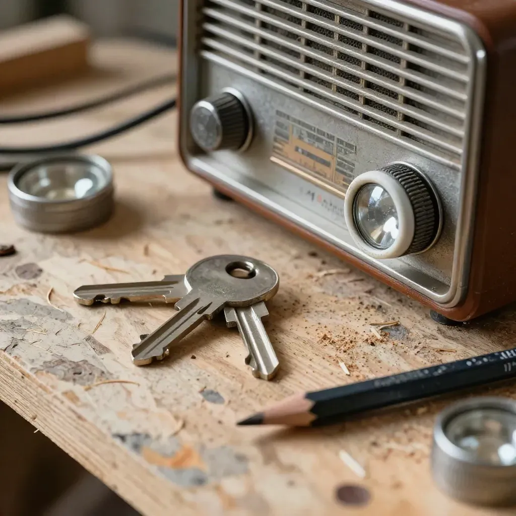 Extrem närbild av sliten site-radio, nycklar, snickarpenna och ficklampa på skadat plywood.