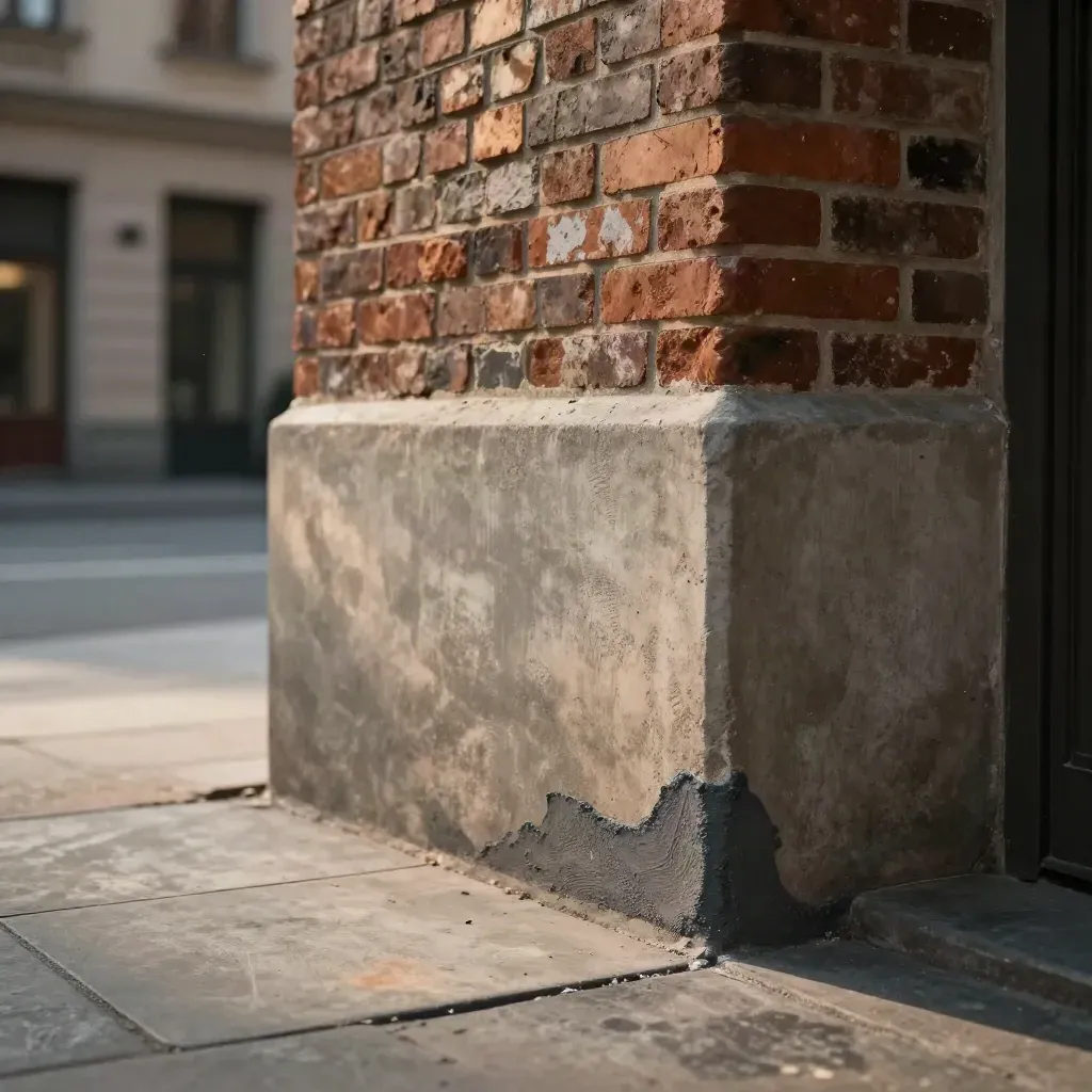 Fasadnära betonglagning i en innergård med tegel, fogar och varmt dagsljus.
