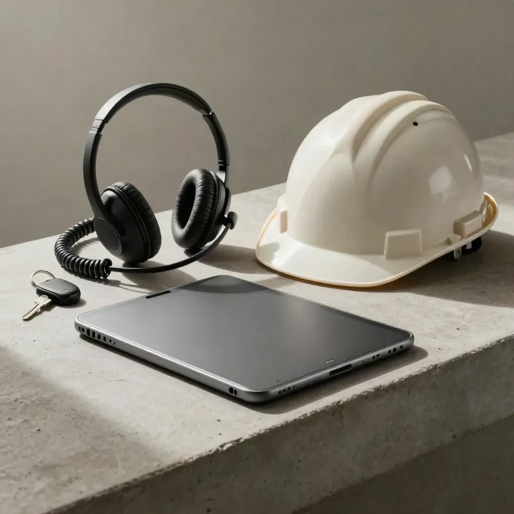 Jobbverktyg på betongsockel med hjälm, headset och tagg i mjukt dagsljus