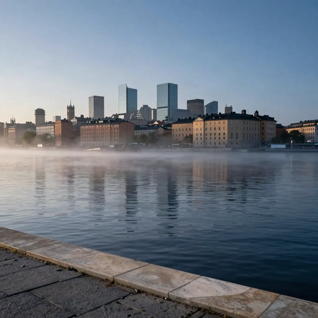 Stockholms skyline vid vatten i blå timme, med dimma och varmt ljus över lugnt vatten.