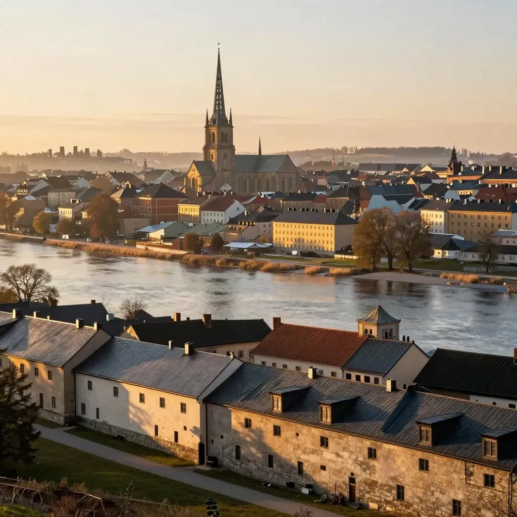 Uppsala domkyrkas spiror över dimmig slätt i gyllene kvällsljus