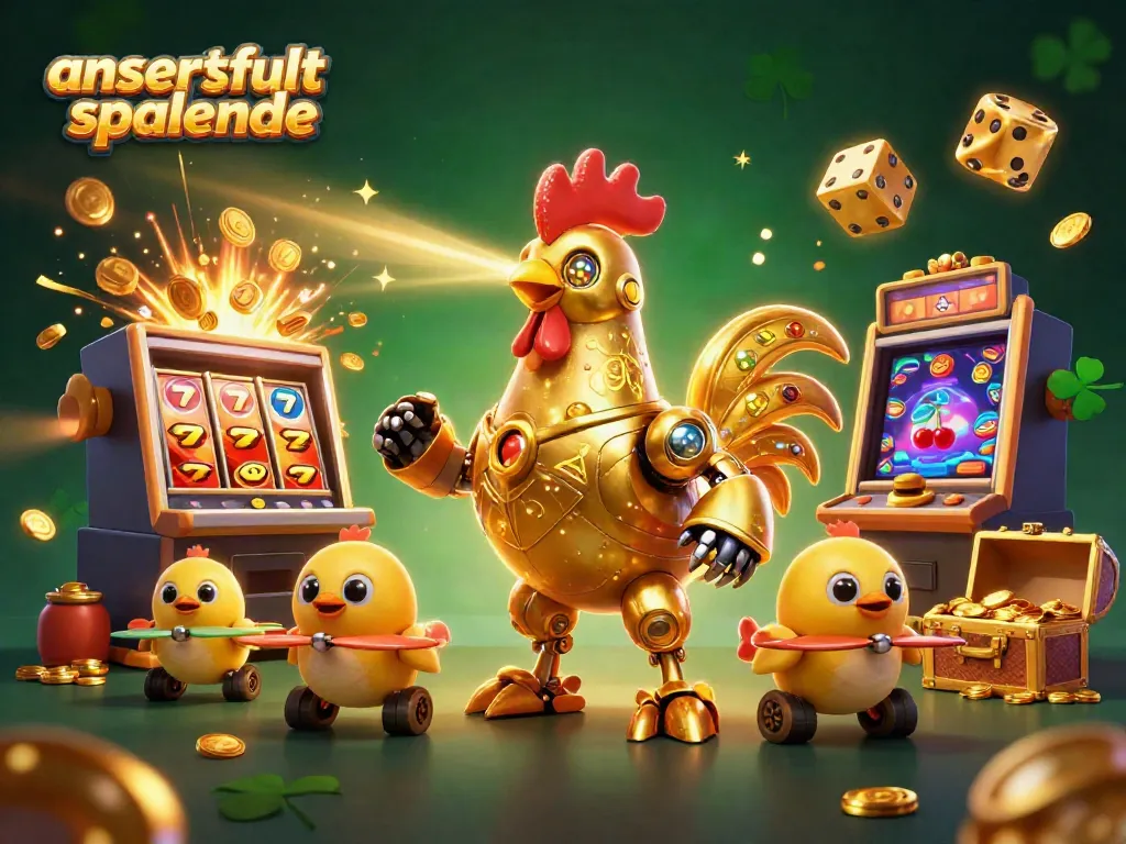 Illustration om ansvarsfullt spelande med en robot och spelande kikärtor i en färgglad casinomiljö