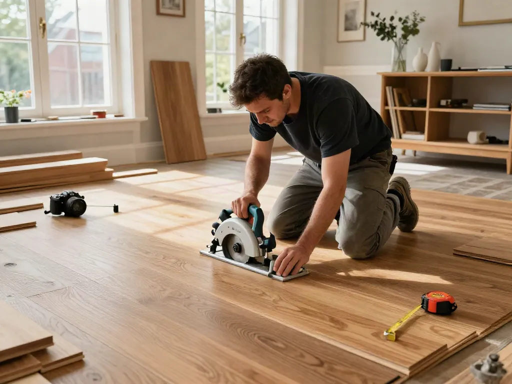 Carpenter laying hardwood floors in Bergen for Bygg Norge project.