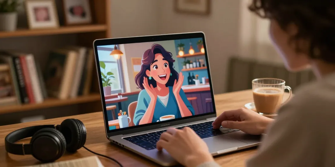 A joyful user interacting with their AI girlfriend, showcasing the relationship dynamics with digital engagement and a cozy virtual setting.