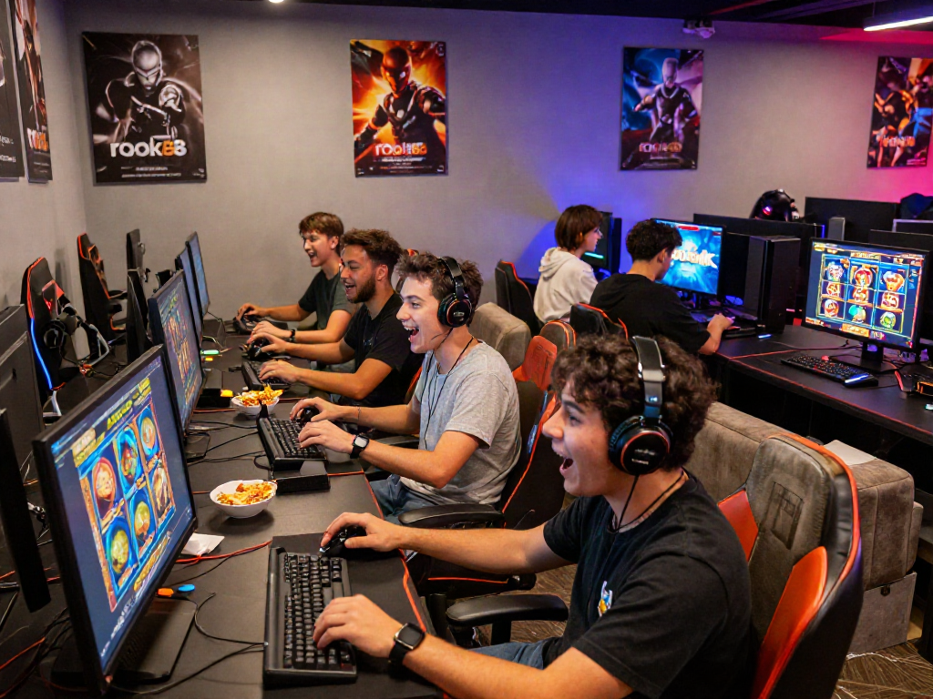 Friends enjoying rokok88 slot login in a vibrant gaming lounge with excitement and colorful decor.