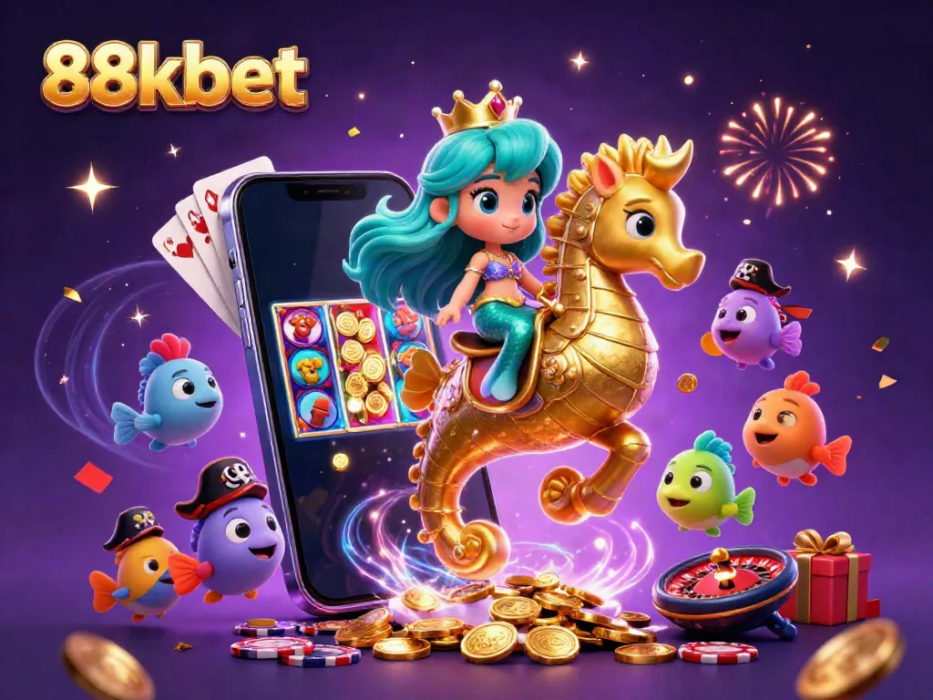 Experience the thrill of 88kbet with vibrant characters and dynamic gambling elements in this casino-themed illustration.