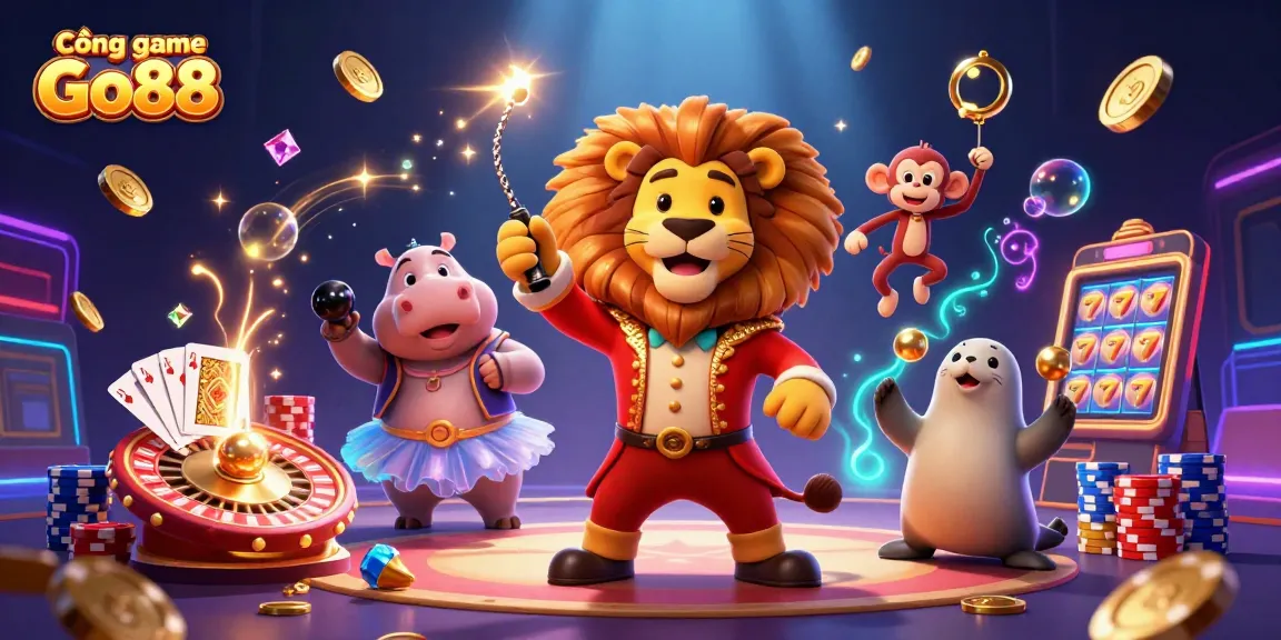 Cổng game Go88 offers an exciting environment with vibrant characters celebrating winning games and jackpots.