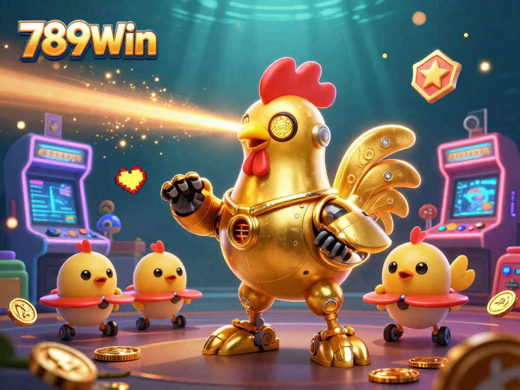 Experience the excitement of 789Win with a golden rooster robot leading arcade gaming action.