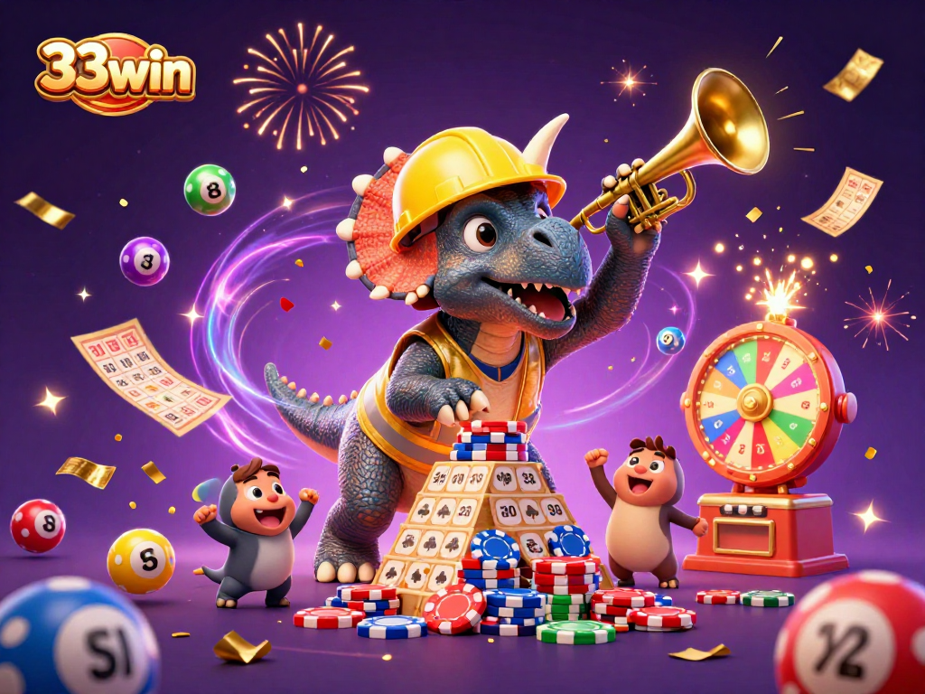 Celebrating the thrill of 33win, a triceratops and friends engage in a dynamic gambling scene.