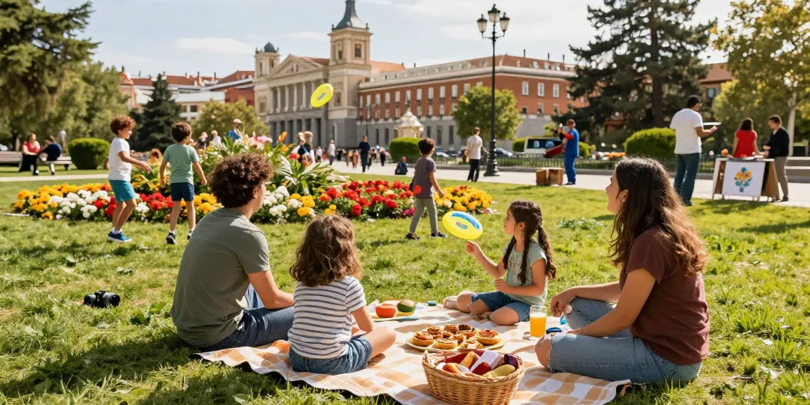 Familj njuter av röda dagar 2026 i Retiroparken i Madrid med picknick och barnlekar.