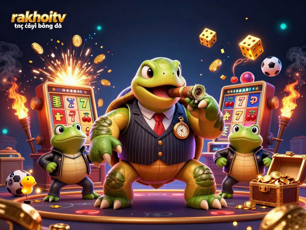 Experience the thrill of rakhoitv trực tiếp bóng đá with a lively casino scene featuring a cartoon turtle and two bullfrogs.