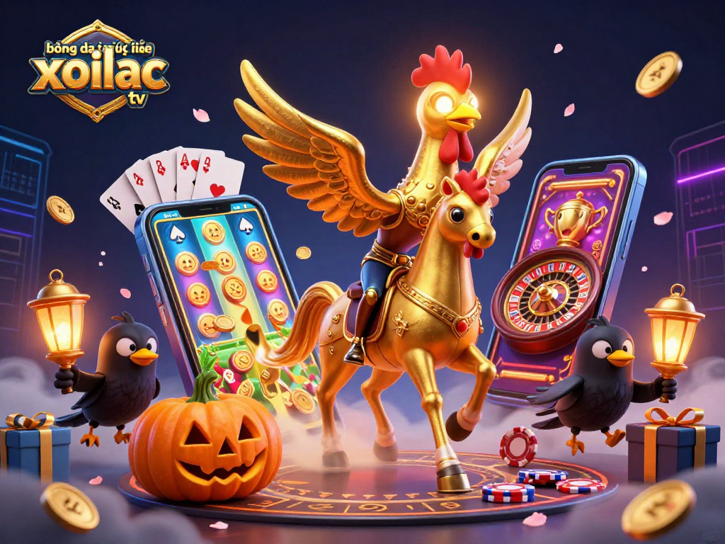 bóng đá trực tuyến xoilac tv immersive casino scene featuring a golden rooster and spooky companions