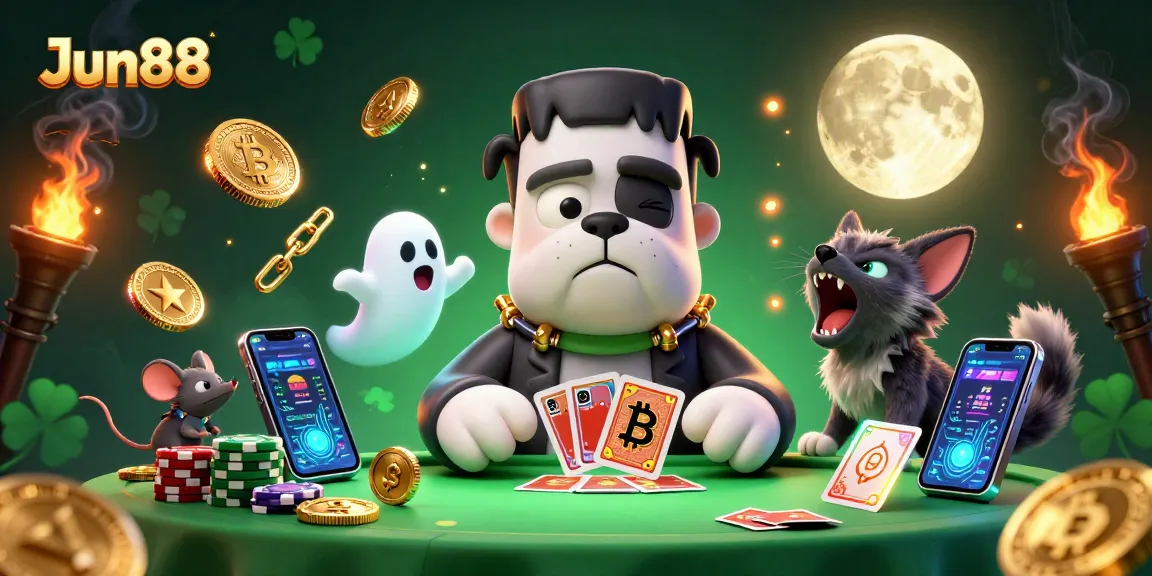 Play at Jun88 with a spooky 3D scene featuring unique characters and vibrant casino elements.
