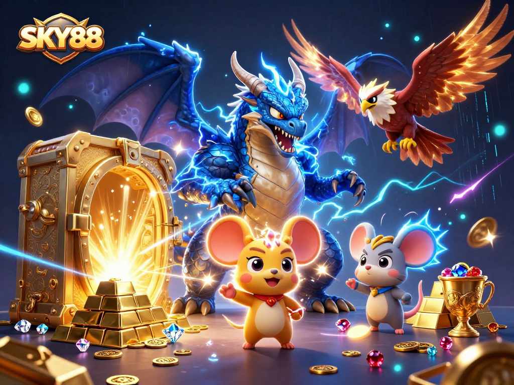 Experience the electrifying energy of SKY88 with vibrant casino elements and powerful characters.