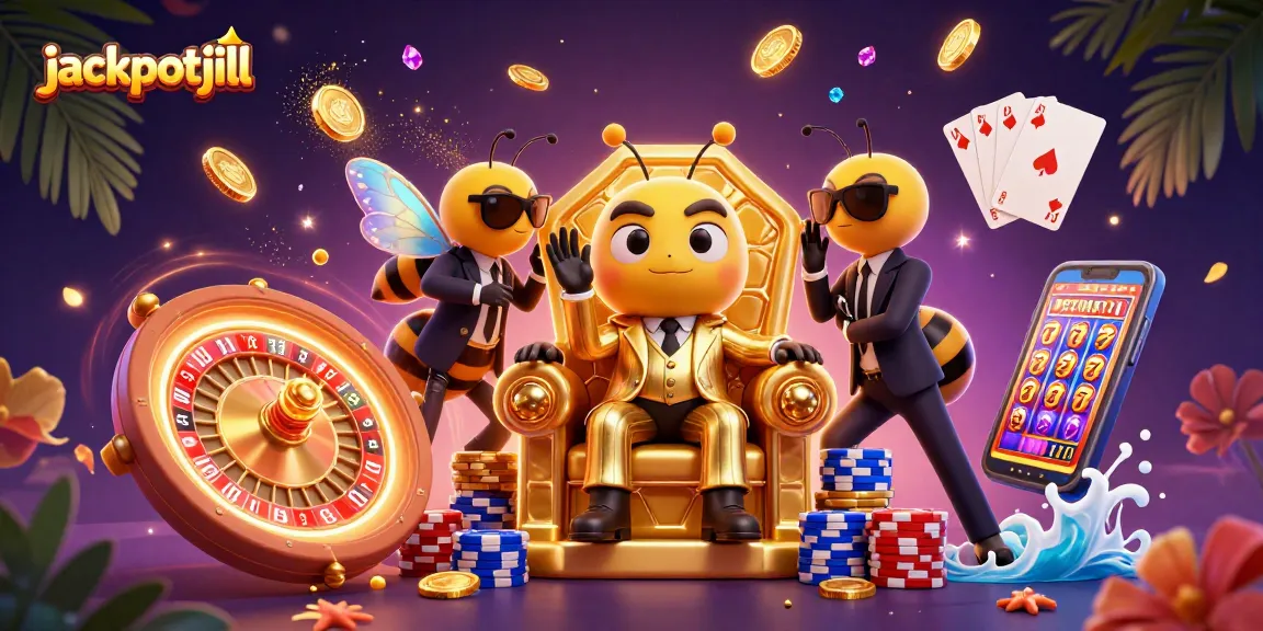 Experience excitement with jackpotjill's magical casino scene featuring a bumblebee mob boss and swirling treasures.